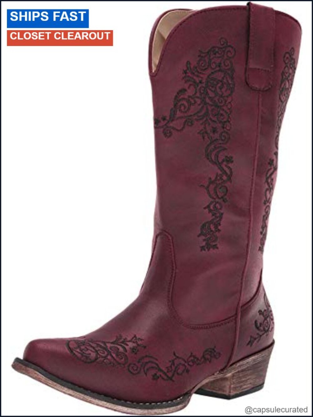 Roper Women's Riley Scroll Faux Leather Embroidered Western Mid-Calf Pull-On